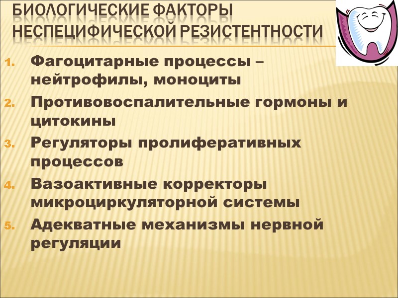 Биологические факторы неспецифической резистентности Фагоцитарные процессы – нейтрофилы, моноциты Противовоспалительные гормоны и цитокины Регуляторы